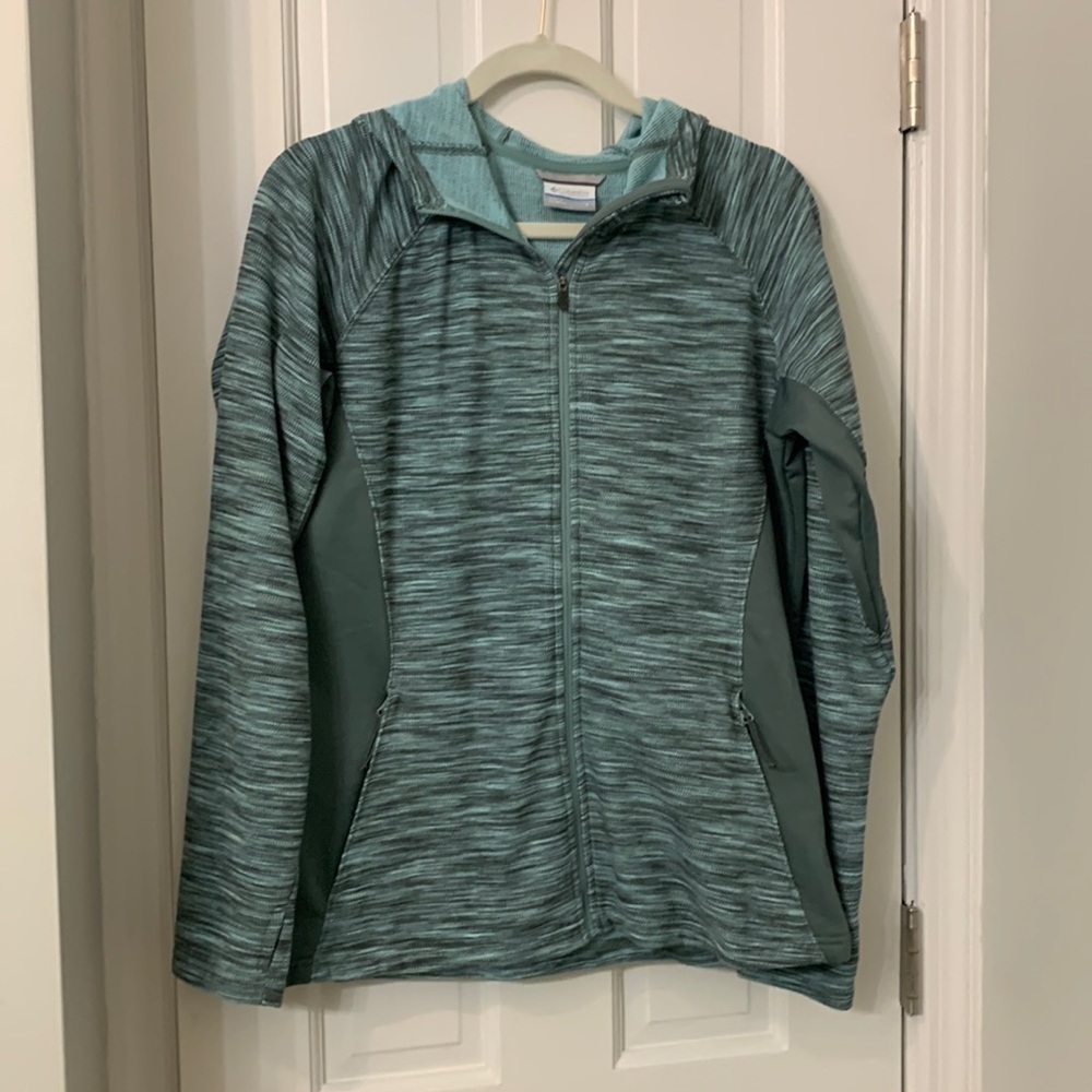 Columbia sweater jacket with hood green size large EUC